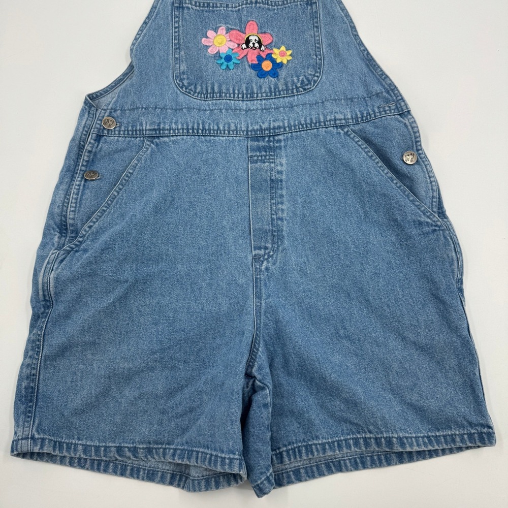 Big Dogs Denim Shortalls Womens Medium Blue Floral Dog Embroidered Vintage 90s - Picture 3 of 10